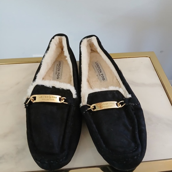 Black London Fog Velvet Slippers for Women with Gold Accents Size 7. - Picture 2 of 7